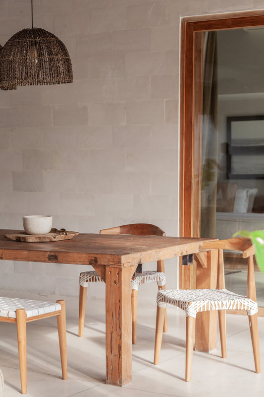 Sedia da pranzo Belinda in teak e pelle intrecciata 