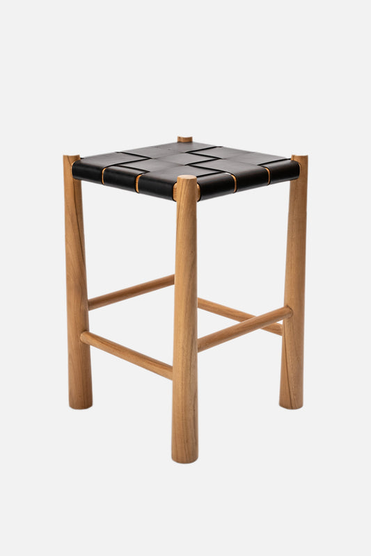 Sgabello da bar Tara in teak e pelle senza schienale