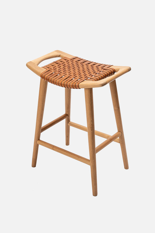 Sgabello da bar senza schienale in teak e pelle intrecciata Sita