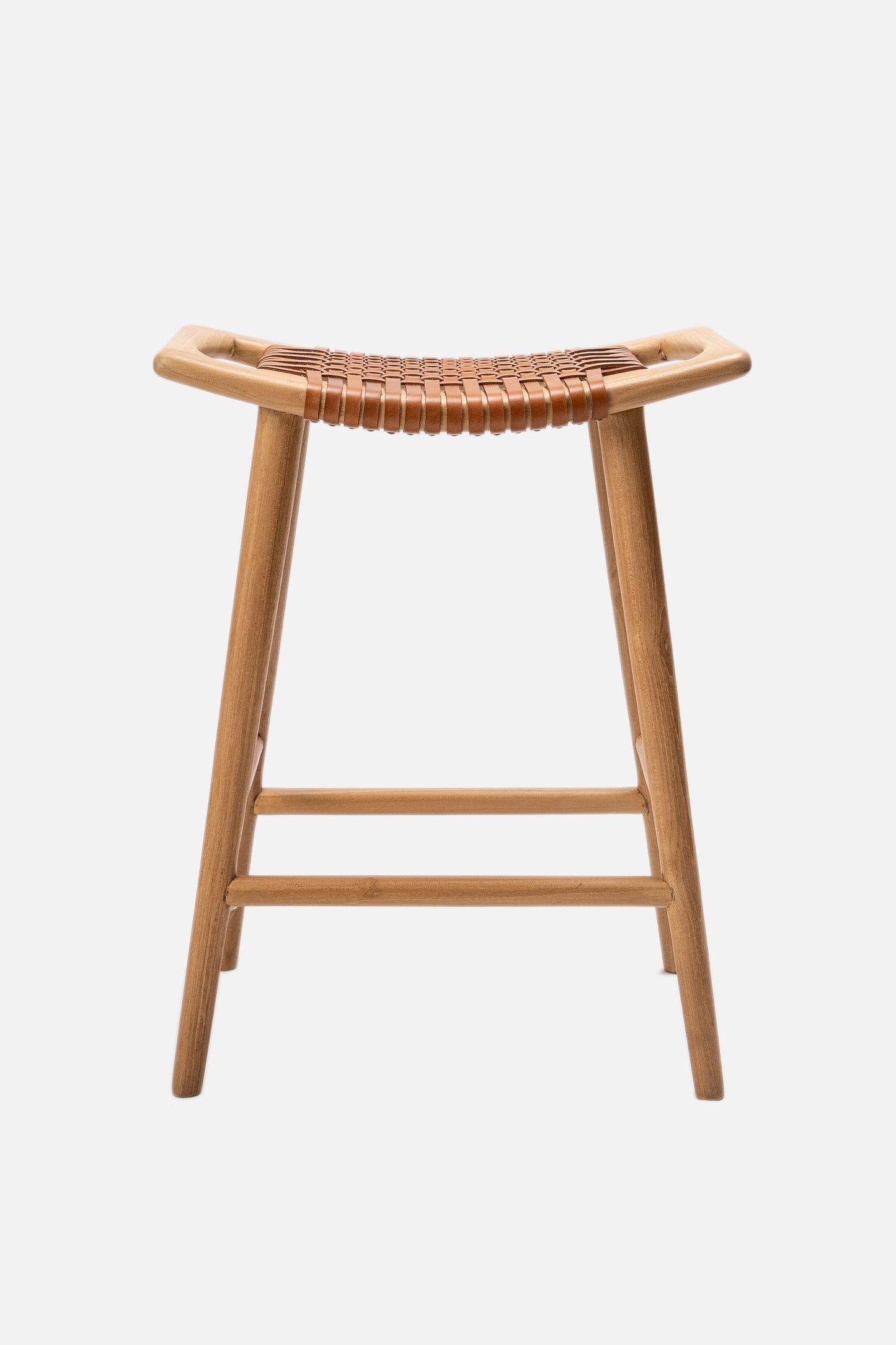 Sgabello da bar senza schienale in teak e pelle intrecciata Sita